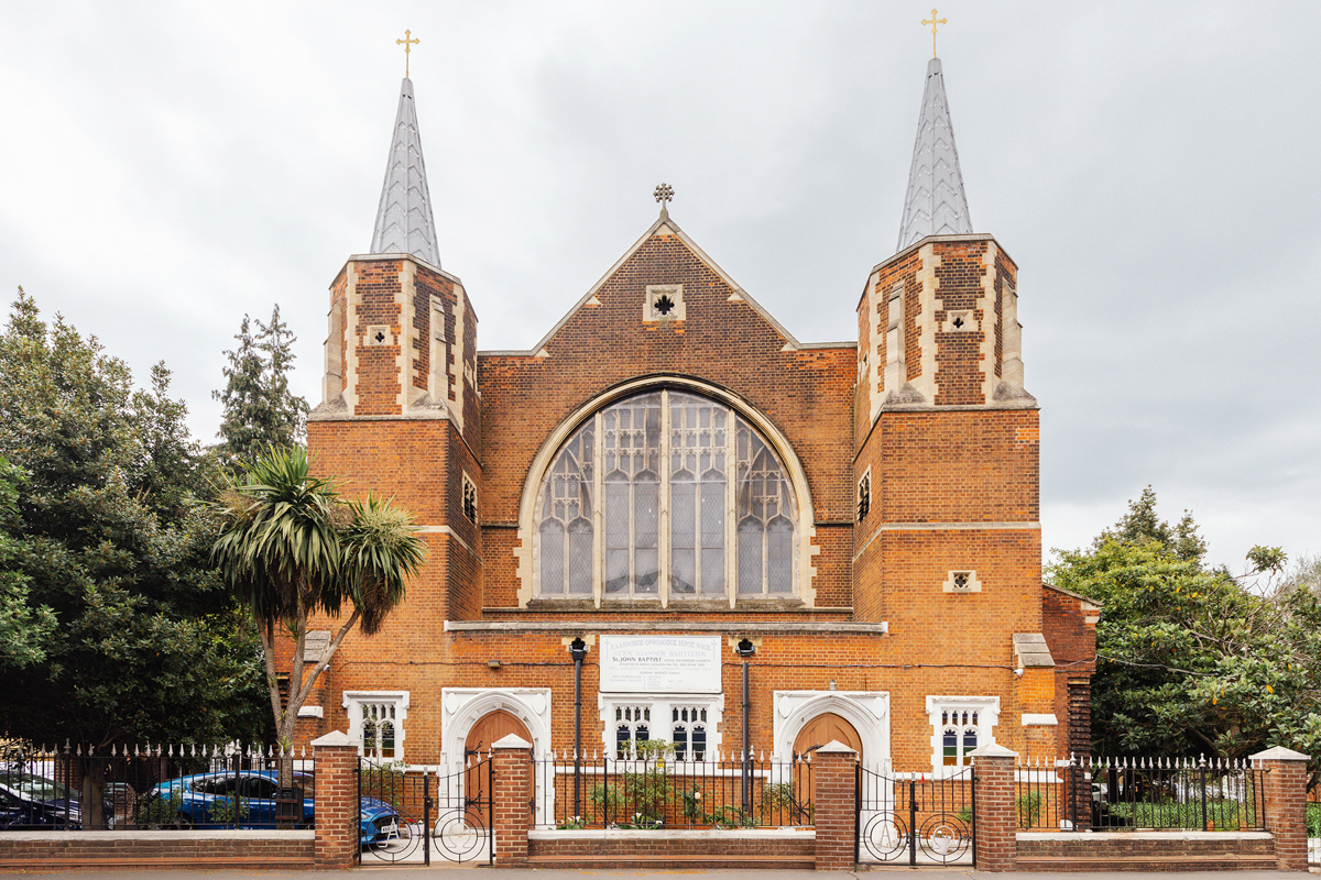 The outside of a Greek Orthodox church in London.