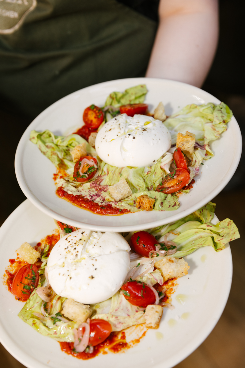 Plated starter dish: fresh burrata cheese with tomato and basil.