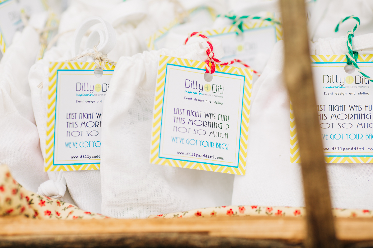 Party invitations in a basket.