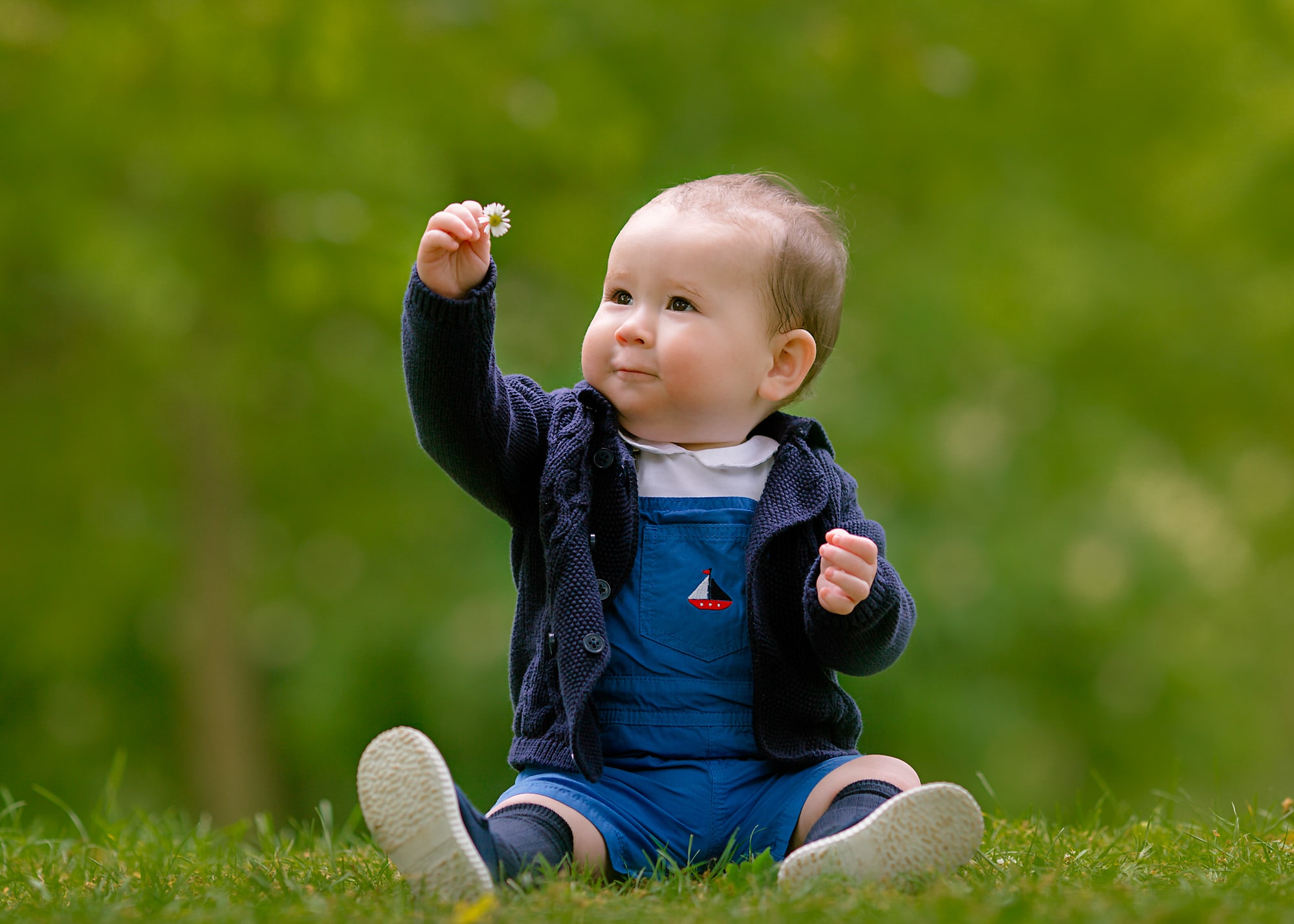 Little boy sitting down on the grass.