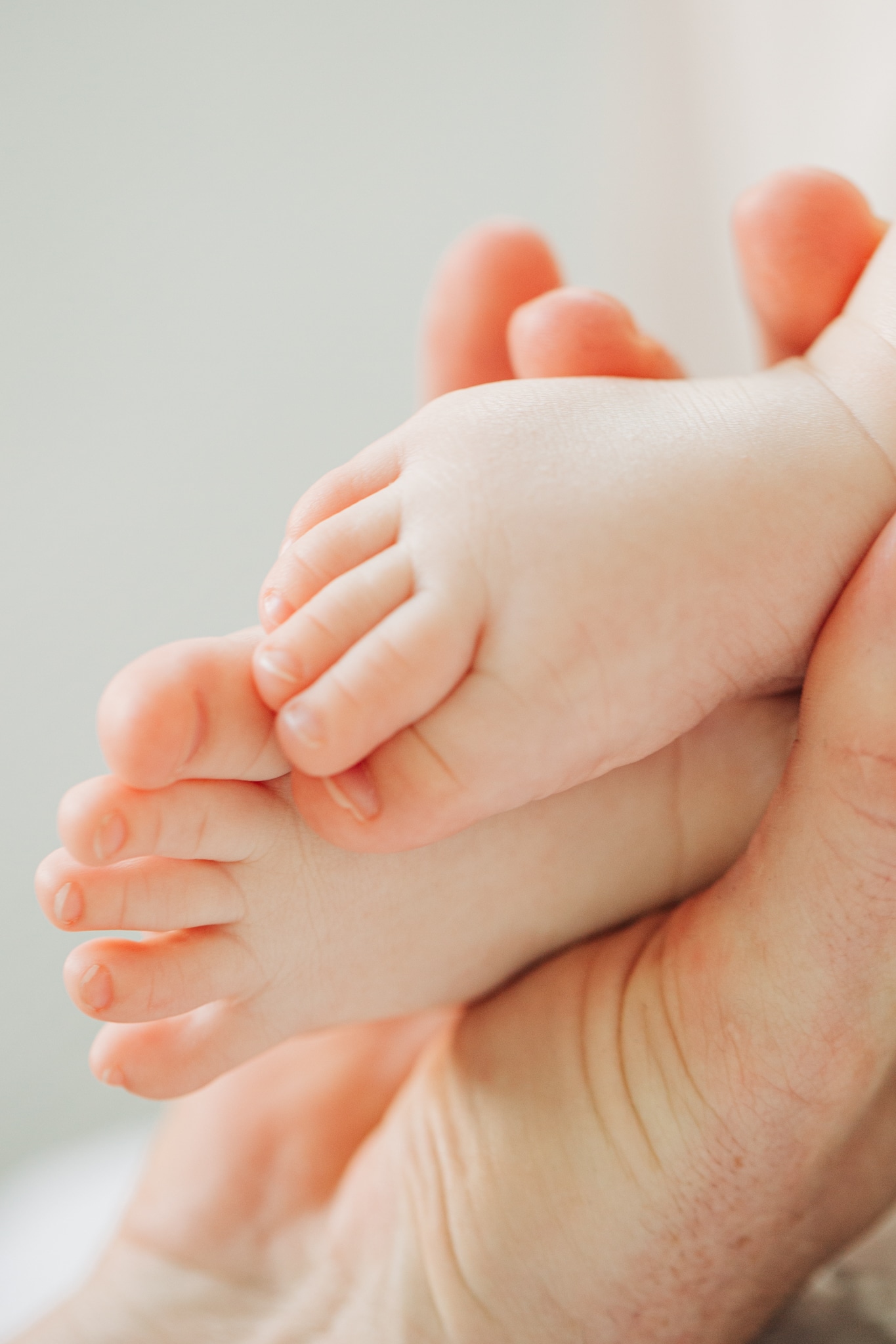 Baby feet held by a man's hand.